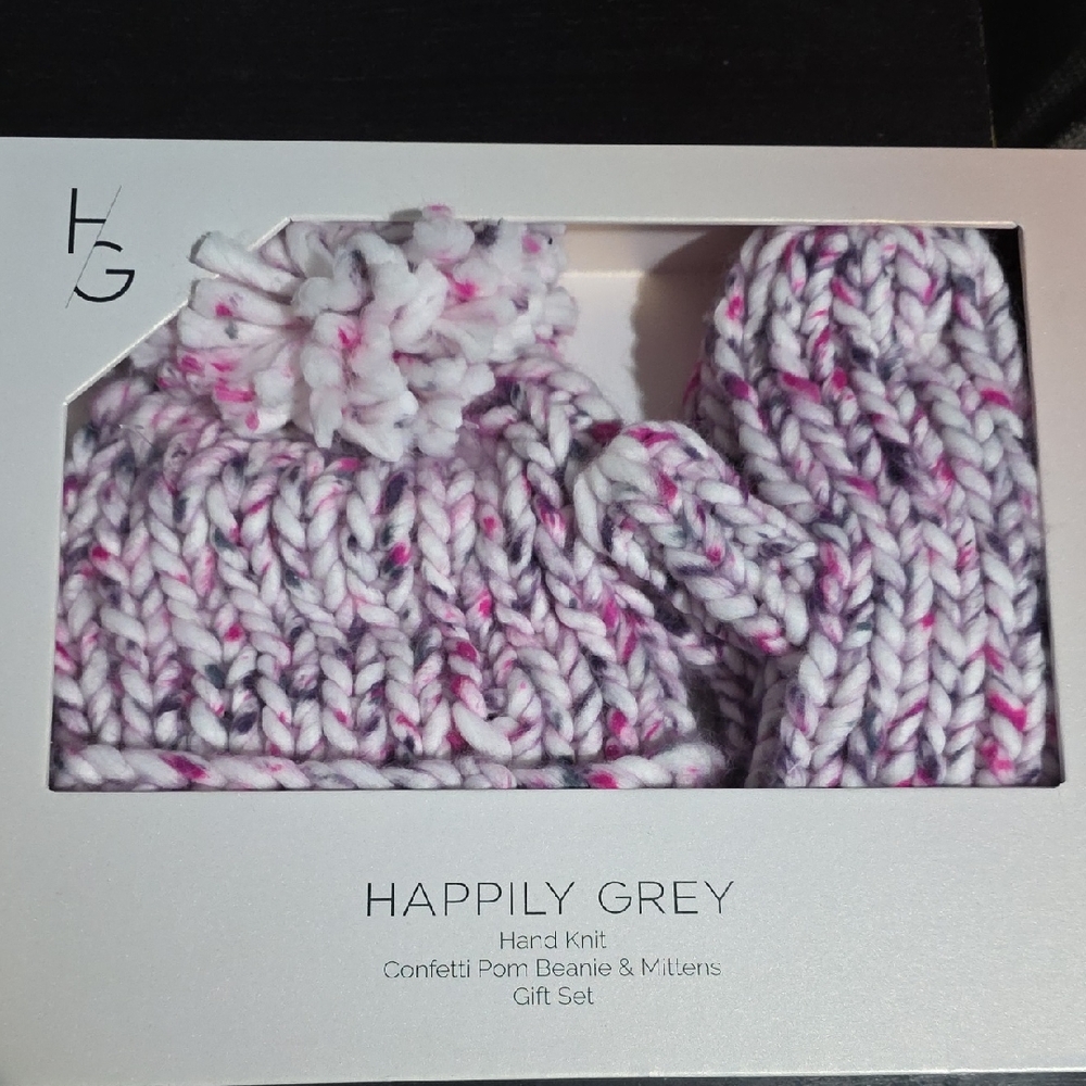 Happily Grey Confetti Pom Beanie & Mittens Set